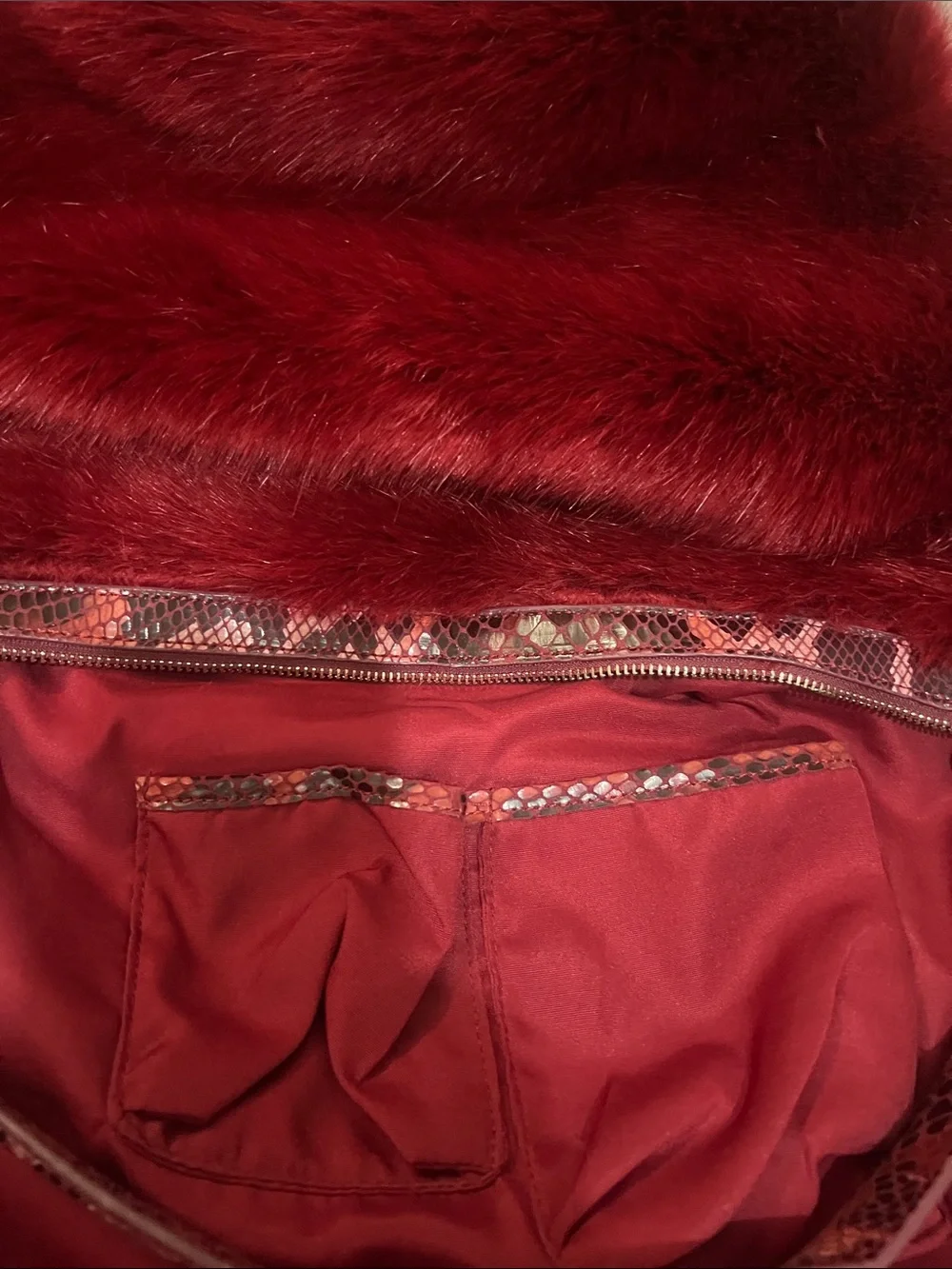 SR Sondra Roberts Deep Red Faux Fur Hobo with Logo Charm NWT retail $132